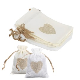 UYVPAER Pack of 10 Small Bags for Filling, 10 x 8 cm Jute Bags, Fabric Bags with Drawstring, Gift Bags with Heart, Small Linen Bag, Fabric Bags for Birthday, Wedding, Children's Party