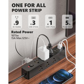 3-Sided Power Strip Surge Protector with 9 Outlets, 4 USB Ports (1 USB-C), 1875W/15A, 5-Foot Flat Plug Extension Cord, Wall or Desk Mount, Compact for Home, Office, Dorm and Small Spaces, Black