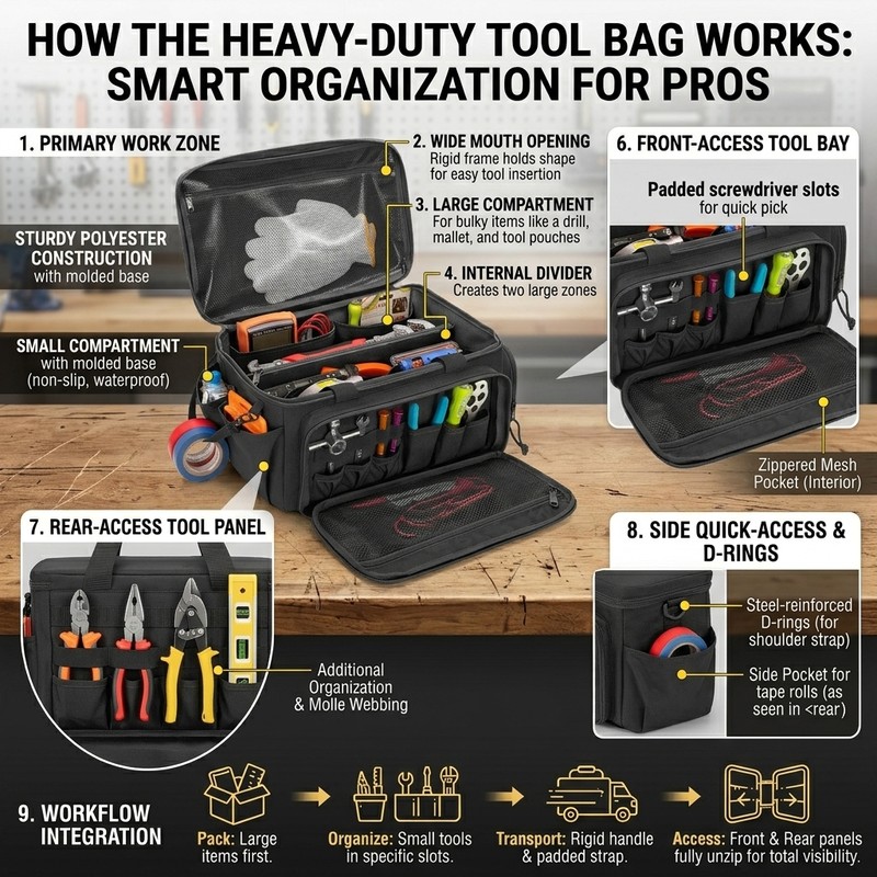 14-Inch Heavy-Duty Tool Bag for Tool Organization – Portable Polyester