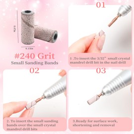200 Pcs Nail Drill Bits Small Sanding Bands with 2pcs 3.1mm Mandrel Bit, 180/240 Fine Grit Mini Sanding Bands Nail File for Acrylic Nails Gel Manicures and Pedicure (Pink, 240 Grit)