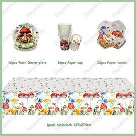 Doyomtoy Mushroom Party Tableware Set, 53 Pieces Fairytale Birthday Party Watercolour Mushroom Birthday Plates, Cups, Napkins for Children's Birthday Party, Forest Mushroom Party Decoration, Baby
