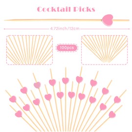 100pcs Pink Heart Cocktail Picks 4.7" Long Fruit Sticks Food Toothpicks Sandwich Appetizer Charcuterie Skewers, Handmade of Bamboo Wood, for Birthday, Wedding, Valentines Day Decoration Party Supplies
