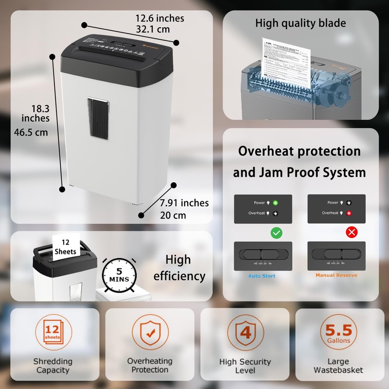 Bonsaii Heavy-Duty Shredder, Up to 12 Sheets, P-4 high Security,