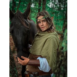 MOSTORY Renaissance Accessory Set Women - 6 Pcs Medieval Pouch Cork Potion Bottle Viking Faux Leather Gauntlet Wristband Dagger Holster Elf Crown for Cosplay Renfaire Costume Brown