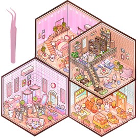 4Pcs 3D Fun Mini House Scenes Stickers with Tweezers Make Your Own Mini Cloakroom Dessert Shop Lounge Library Scenes Stickers Cute Mini Room Craft Scrapbook Stickers for Relief Stress Pass The Time