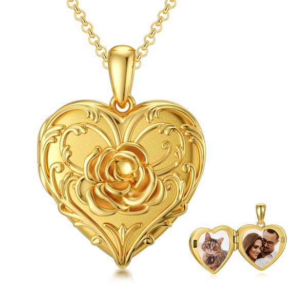 SOULMEET 10k 14k 18k Solid Yellow Gold Rose Heart Locket