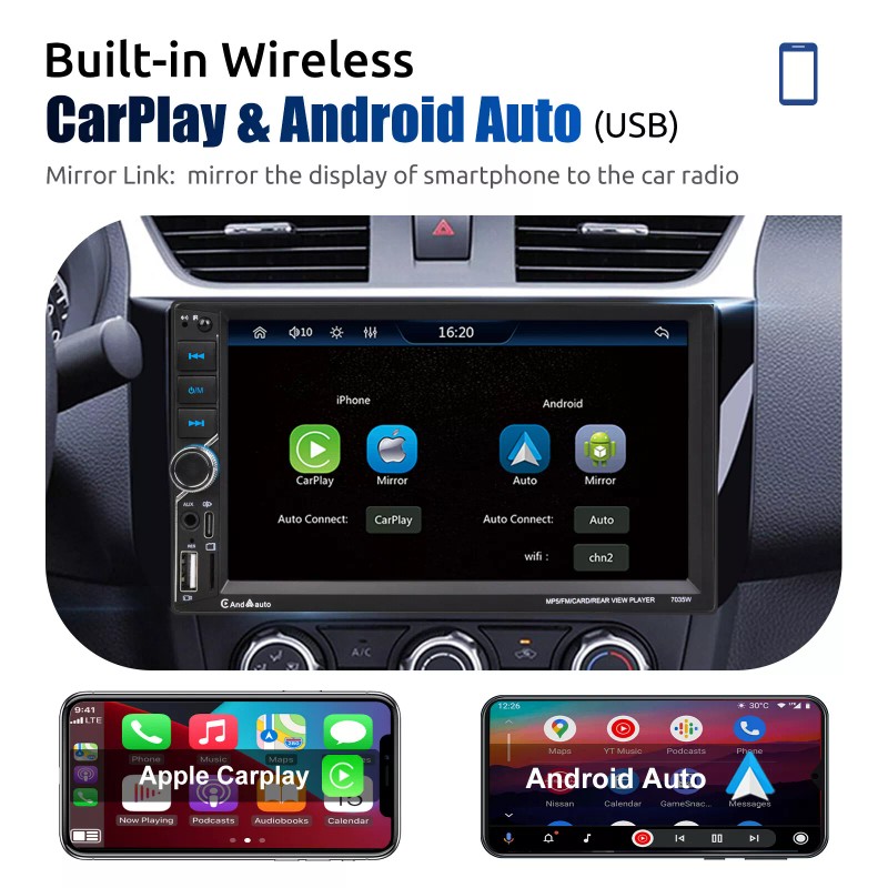 ESSGOO 7" Car Stereo Wireless Apple Carplay Radio Bluetooth 2