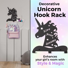 Unicorn Wall Hooks Decor for Girls Bedroom- Kids Coat Rack Wall Mount for Hanging Backpacks, Purses, Jewelry, Coats and Towels | Kids Wall Hooks Decor for Girls | Metal Screws Included (Black)