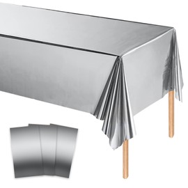 MORAINJAY 3Pcs Silver Table Cloths,137 * 274cm Silver Table Covers, Rectangle Silver Tablecloth,Birthday Party Tablecloth,for Wedding,Baby Shower,Anniversary,Birthday Table Decoration Supplies