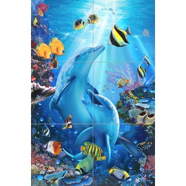 Ceramic Backsplash Tile Mural Dolphin Whale Underwater Ocean Fish Kitchen/Bathroom/Shower - Kiss in The Sea - Christian Riese Lassen