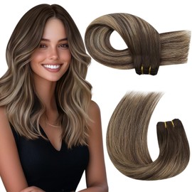 Moresoo Weft Hair Extensions Remy Human Hair Long 24 Inch for Women Real Hair Sew in Hair Extensions Balayage Dark Brown with Caramel Blonde Natural Reflection Add Volume 100g/Pack #4/27/4
