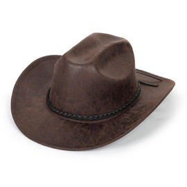 Women-Men Faux PU-Leather-Western-Cowboy-Hats Wide-Brim Classic-Cowgirl-Hat with Decorative Kallaite Leather Band Coffee