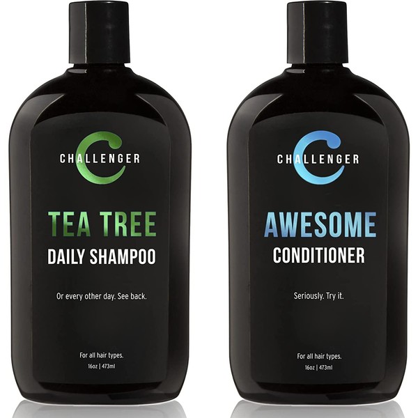 Challenger Men’s Tea Tree Shampoo & Conditioner Combo, 2x 16 Oz Bottles | Sulfate Free w/Vitamins, Argan Oil, Biotin | Keratin, Vitamin C & D, Protein, Artificial Color & Gluten Free | Gentle Clean
