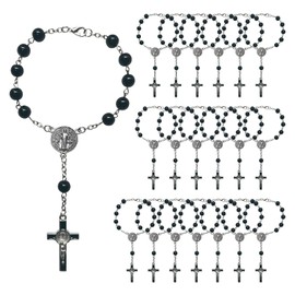PONEZG Pack of 20 Christening Rosary Rosary Bracelet Cross Guest Gift Christening Black 8 mm Faux Pearls Finger Christening Catholic Christian Decoration Rosary Prayer Beads for Car, Wedding