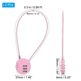PATIKIL 2 Pack 3 Digit Combination Lock,Round Helmet Padlock Cable Lock Gym Locker Lock with 0.98Ft Flexible Security Steel Lock Wire for Bike Locker Travel Luggage, Pink