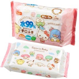 LEC Sanrio Hand and Mouth Wipes, 99% Pure Water, 60 Sheets x 3, Additive-Free, Made in Japan