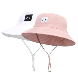 2 Pack Baby Sun Hat Smile Face UPF 50+ Kids Toddler Outdoor Bucket Hat Boys Girls Wide Brim Beach Play Hats (CA/US, Age, 0 Months, 6 Months, Pink+White)
