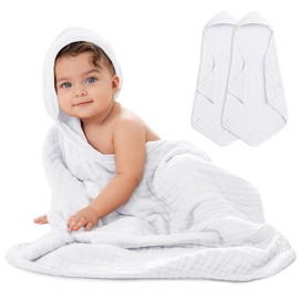 Comfy Cubs Hooded Towel 2-Pack, Large 81cm x 81cm - 6 Layer, 100% Muslin Cotton Hooded Towels for Toddlers and Kids - Ultra Soft, Warm, and Absorbent, Unisex White Baby Bath Towels