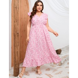 KOJOOIN Women's Plus Size Summer Dress with Pocket Ruffle Cap Sleeveless V Neck Side Split Long Beach Maxi Dress Pink Red Flower 3XL