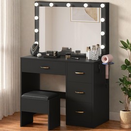 YITAHOME Vanity Desk with 11 LED Bulbs, Large Mirror, Power Outlet, 3 Lighting Modes, 4 Drawers & Cushioned Stool, Ideal for Bedroom, Salon & Dressing Room