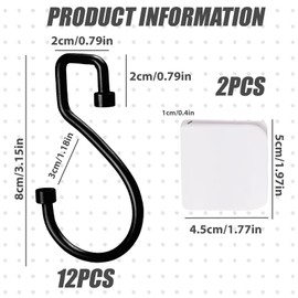 12 Pieces Shower Curtain Hooks And 2 Pieces Shower Curtain Clips, S-Shaped Hooks, Curtain Hooks, Clothing Hooks, Multifunctional Metal Hooks, Home Accessories