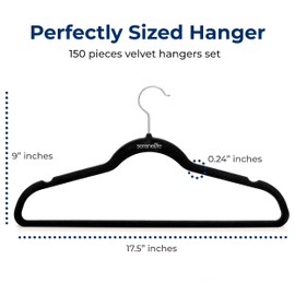 SereneLife Non-Slip Velvet Hangers, Mega Pack, 150 Pieces Hangers for Clothes, Heavy Duty Cloth Hanger Set with 360 Degree Swivel Hook, Black