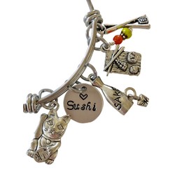 Sushi Bangle, Foodie Gift, Japanese Food Charm Bracelet, Sushi Lover, Sushi Addict, Japanese Lucky Cat, Maneki Neko Cat, California Roll Sushi, Adjustable.