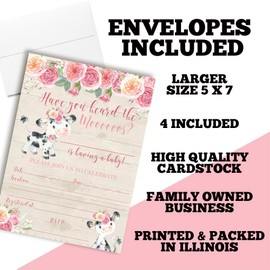 Watercolor Pink Floral Cow-Themed Baby Sprinkle Shower Invitations, 4 5x7 Fill In Cards with Four White Envelopes by AmandaCreation