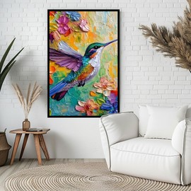 Colorful Painting Hummingbird Canvas Wall Art, Spring Flower Wall Decor, Hummingbird Picture for Wall Living Room Bathroom Bedroom Home Decoration 12*18 in (Stretched Canvas on A Wooden Frame)