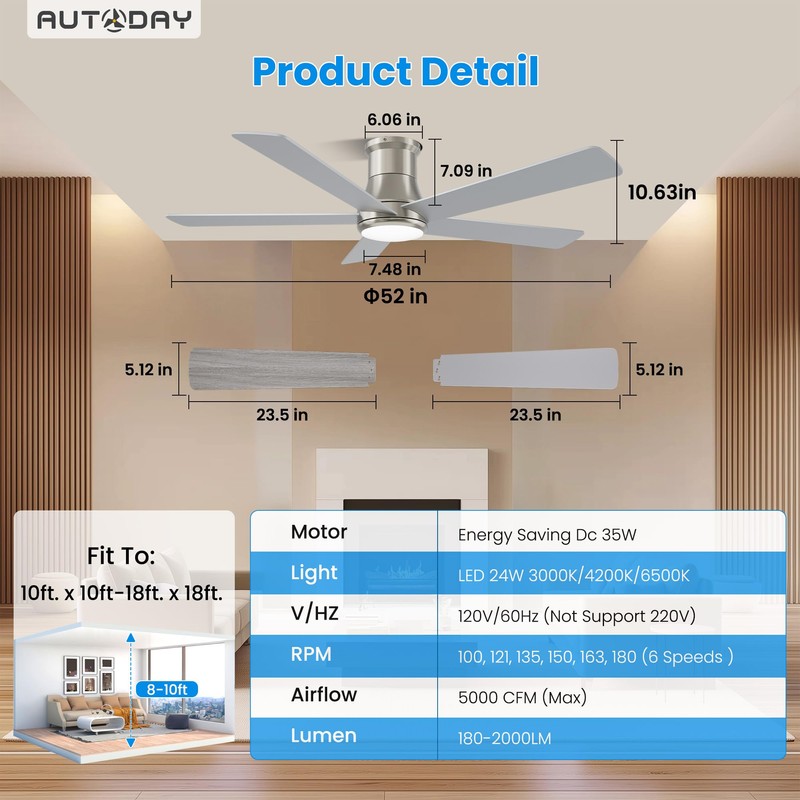 Autoday 52 Inch Low Profile Ceiling Fan with Light, Burshed
