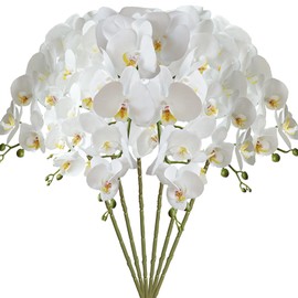 FagusHome - Flores artificiales de Phalaenopsis de 33 pulgadas, 6 unidades, plantas de tallo de orquídeas artificiales para decoración del hogar (blanco puro)