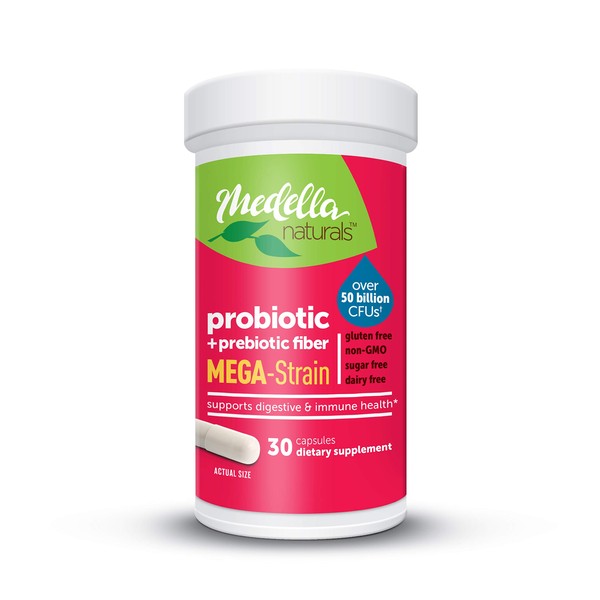 Medella Naturals Mega-Strain Probiotics + Prebiotic for Adults 50 Billion CFUs to Support Digestive and Immune Health Made in The USA Capsules, 30 Count