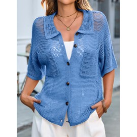 Fisoew Womens Crochet Lightweight Cardigan Sweaters Short Sleeve Summer Button Down Collared Loose Cover Up Shirts Blue