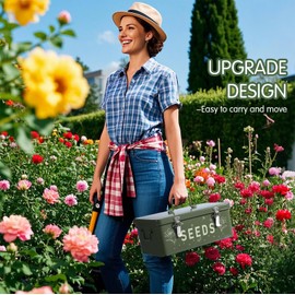 Cinpode Seed Storage Organizer, Seed Saving Box with Lid, Metal Seed Bin Seed Packet Container with 100 Plant Labels 50 Seed Envelopes 50 Plant Clips 1 Marker Pen, 4 Compartments Box with Locks, Green