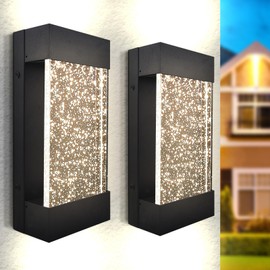 LUXRITE Modern LED Up Down Outdoor Wall Lights, Bubble Glass Light Fixture, 3CCT 3000K 4000K 5000K, IP65 Waterproof, 12 Inch Aluminum Wall Sconce, ETL, Outside Lights for Porch, House, Patio 2-Pack