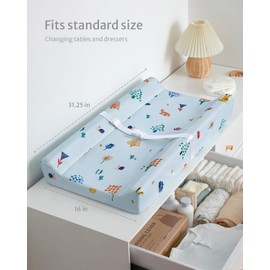 Blissful Diary Baby Changing Pad with Waterproof & Washable Soft Cover, Contoured Changing Table Pads for Dresser with Security Strap and Non-Slip Bottom, Woodland Blue