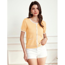 Women’s Short Sleeve Shrug Sweater Cropped Cardigan Crew Neck Open Front Button Down Cardigan Sweaters with Pockets