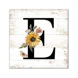 Monogram Letter E Wooden Sign Black Letter Sunflower Flower Plaque Inspired Monogram Rustic Wood Wall Hanging Decoration For Home Front Door Porch Garden Yard Housewarming Gift 16x16in
