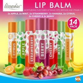 14pk Lip Balm Set | Flavoured Lip Balms with Beeswax and Vitamin E | Moisturising Lip Balm Multipack | Protect & Hydrate Beeswax Lip Balm Stick | Lip Balms | Lipbalm | Lip Moisturiser | Girls Lip Balm
