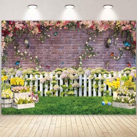 LIVUCEE 10x8ft Spring Backdrop for Photography Flower Fence Pink Brick Wall Butterfly Decor Background Newborn Baby Portrait Easter Spring Photo Backdrop Shoot Booth Props