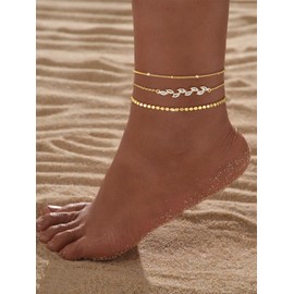 Ankle Bracelets for Women 14K Gold Silver Plated Anklets Waterproof Heart Beads Rope Satellite Anklets Set Adjustable Layered Anklet Bracelets No Tarnish Summer Beach Jewelry Gift