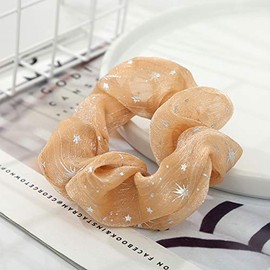 6 Pack Chiffon Stars Floral Hair Scrunchies Pineapple or Themed Style Print Slap Bracelet Ponytail Holder Elastic Hair Bands Wrist Fabric Scrunchy Hair Ties for Show/Sleepover Party Girls (Gold)