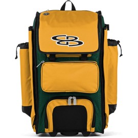 Boombah Rolling Catcher's Superpack Baseball/Softball Gear Bag - 23-1/2" x 13-1/2" x 9-1/2" - Dark Green/Gold - Telescopic Handle - Holds 4 Bats - Wheeled Version