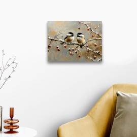 WODMIS Vintage Christmas Bird Wall Decorations Framed Canvas Art, Rustic Nature Snowy Winter Christmas Bird Decor Canvas Home Decorations for Home Bedroom Living Room Wall Decor 11x14