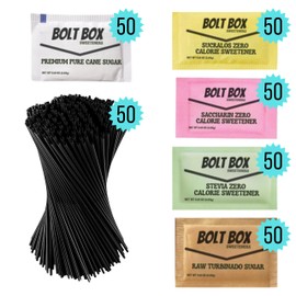 (300 total, 50 each) Bolt Box Sugar & Sweetener Packets Box - Cane Sugar Packets, Turbinado Sugar packets, Sugar Substitute Packets, Plastic Coffee Stirrers