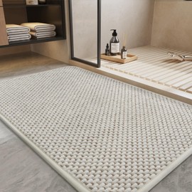 PADOOR-Bath Mat-Super Absorbent Chenille Bathroom Mats-Rubber Backed Bath Mats for Bathroom Non Slip, Machine Washable Bathroom Rugs Front of Bathtub,Shower Room,Sink-17×35, Beige&Cream