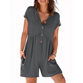 MEROKEETY Women's Summer Cap Sleeve Jumpsuits 2025 Casual V Neck Button Short Romper with Pockets, Charcoal, XX-Large