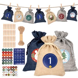 24 Advent Calendar for Filling Fabric, Christmas Calendar Fill Yourself, Fabric Bags Advent Calendar, Advent Calendar for Filling, 3 Stickers, 1 Round 10 Metre Jute Rope, 24 Wooden Pegs