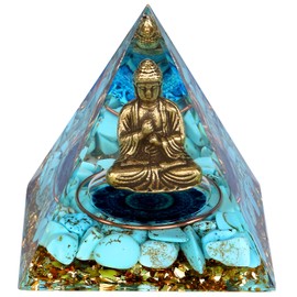 Little Buddha Statue in Healing Crystal Organite Pyramid - Aquamarine with Baby Buddha Figurine, Reiki Chakra Meditation Desktop Buddha Statue Indoor, Buddha Statue Outdoor, Buddha Statue for Home