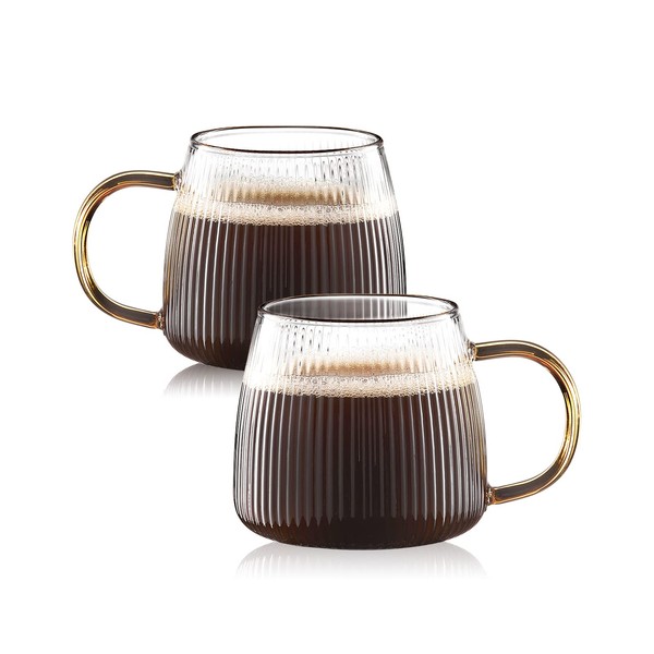 Luxtea Vintage Glass Coffee Mugs Set of 2 Ribbed Drinking